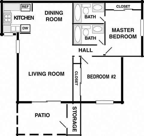 Floor plan for 2 beds, 2 baths, 834 sqft